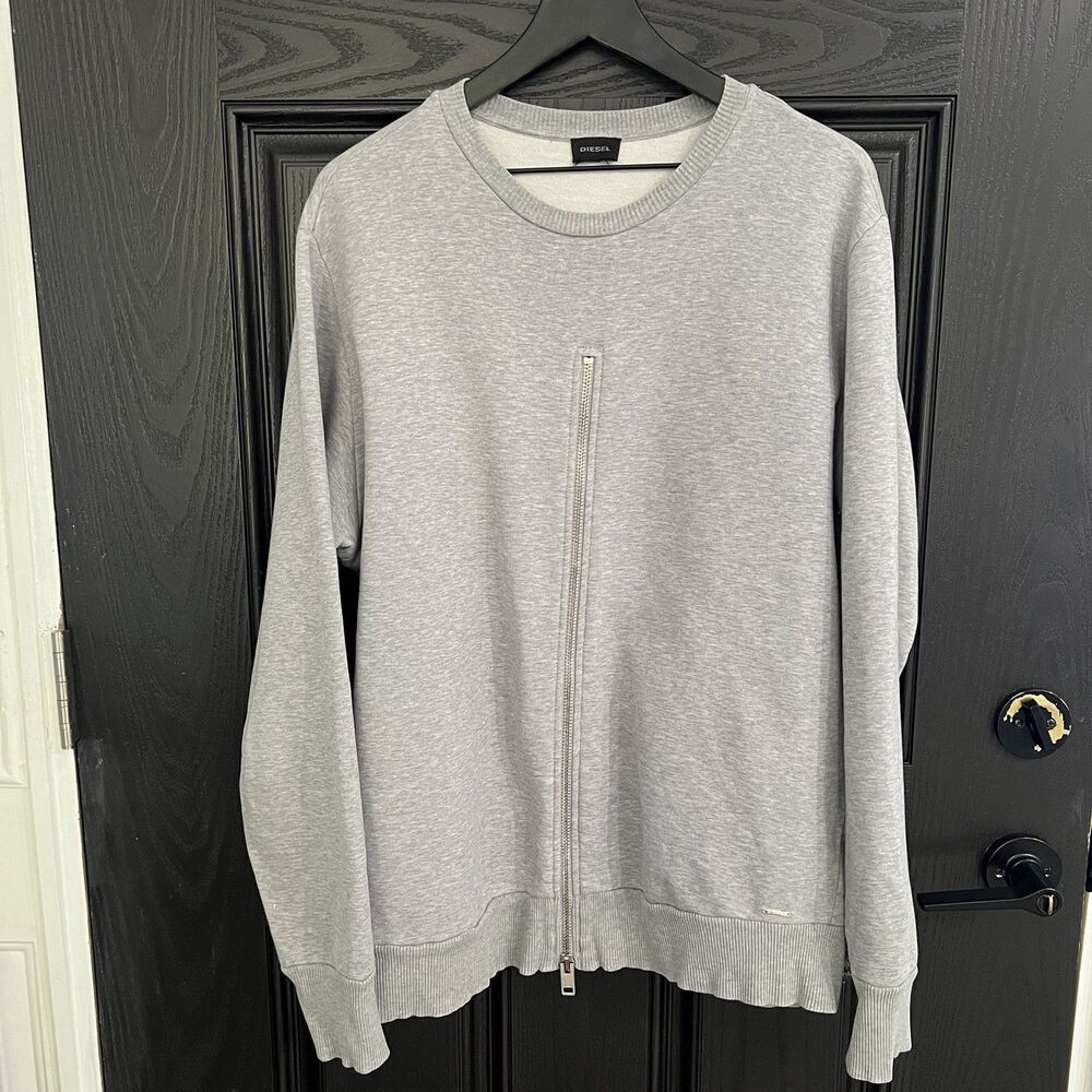 DIESEL S-EZRA Mens Front Zipper Moto Gray Crewneck Sweatshirt XL Streetwear